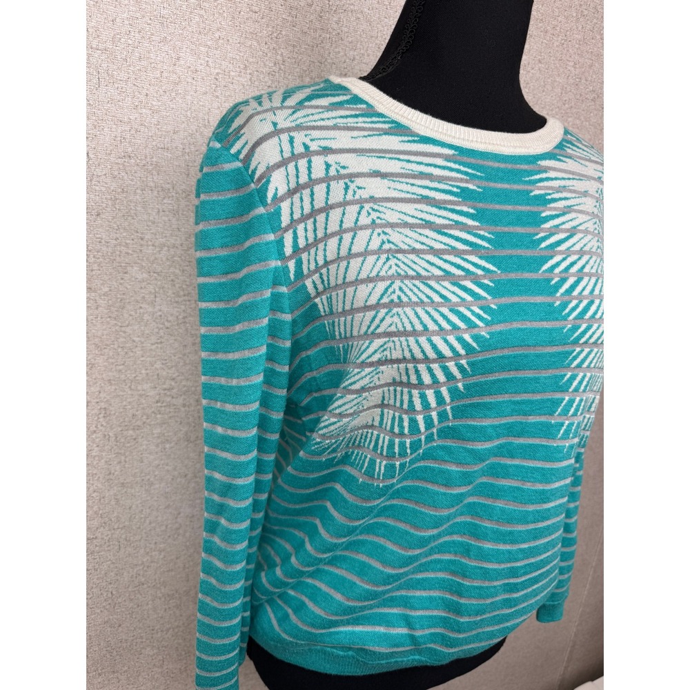 St. John Teal Tropical Palm Print Santana Knit Pullover Sweater Cashmere Blend M - Picture 3 of 9